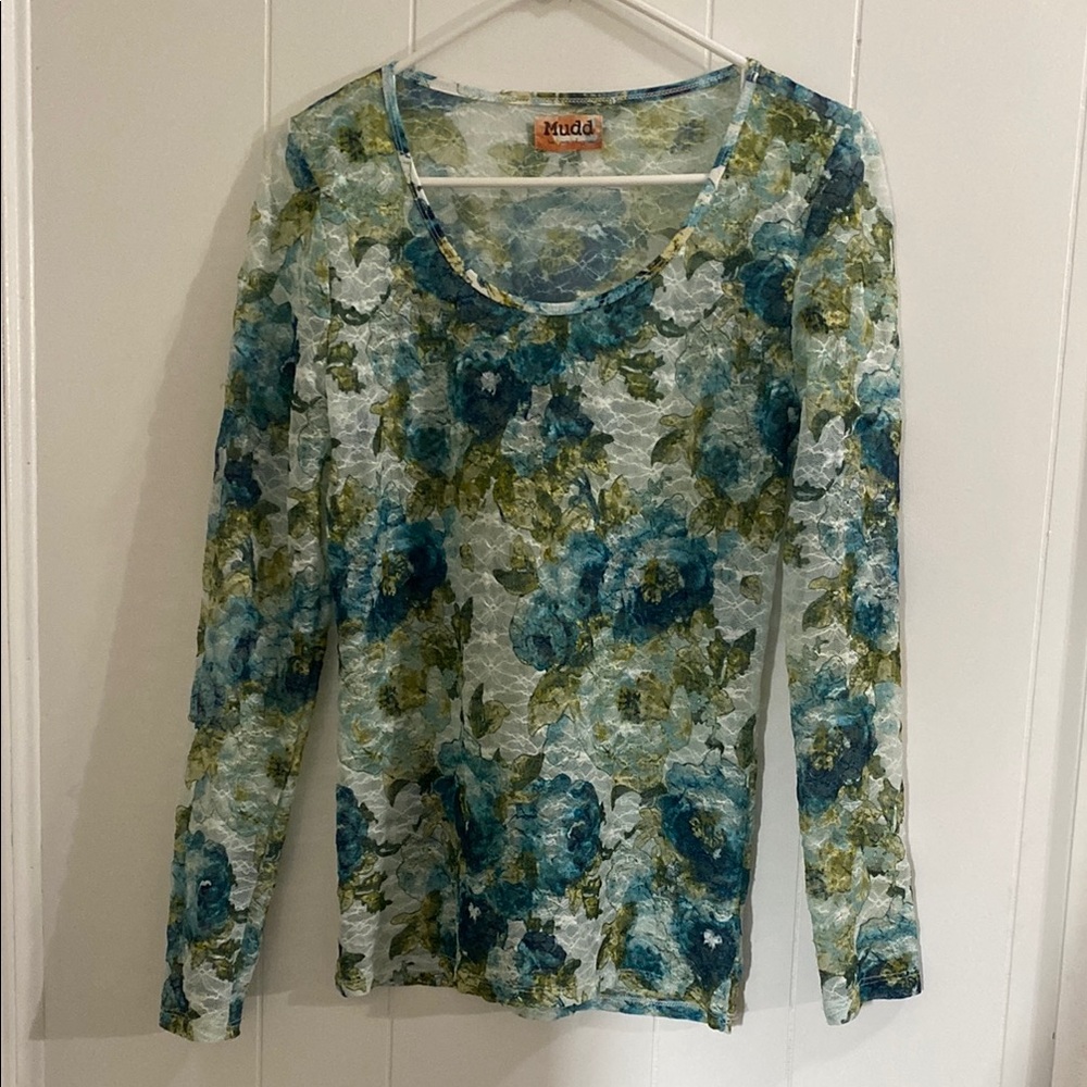 Mudd Women's Floral Lace Top - Blue and Green